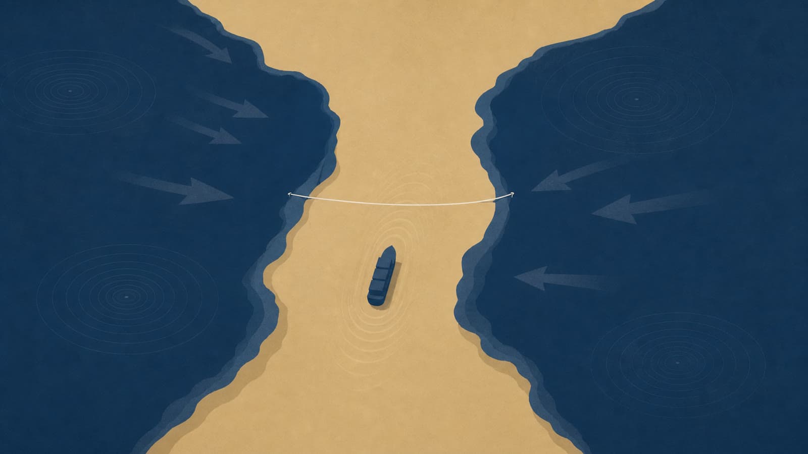 Editorial illustration for: US strikes after cargo-ship attack test the fragile Hormuz arrangement