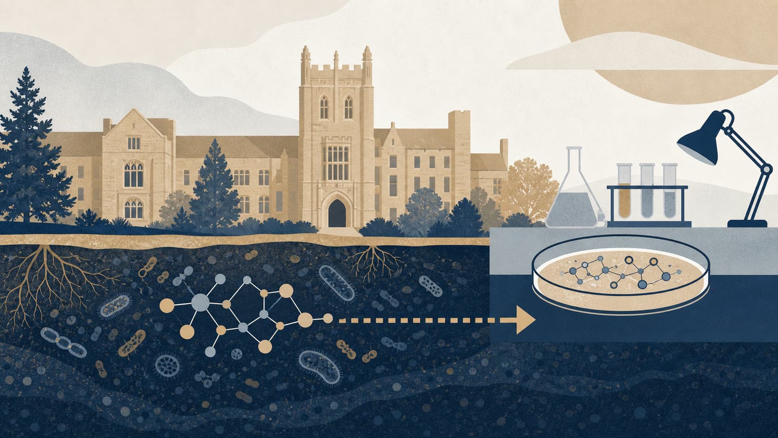 Editorial illustration for: Soil-bacteria antibiotic cluster offers a strategy, not a treatment