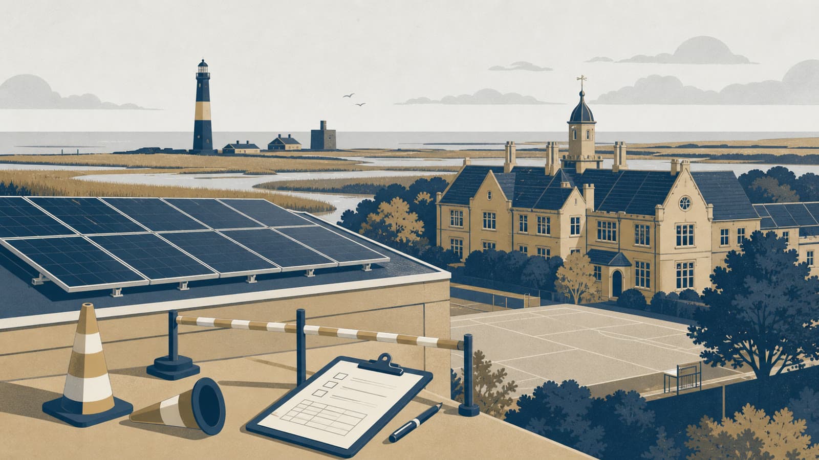 Editorial illustration for: Suffolk school solar shutdown turns clean-energy kit into an estate-safety test