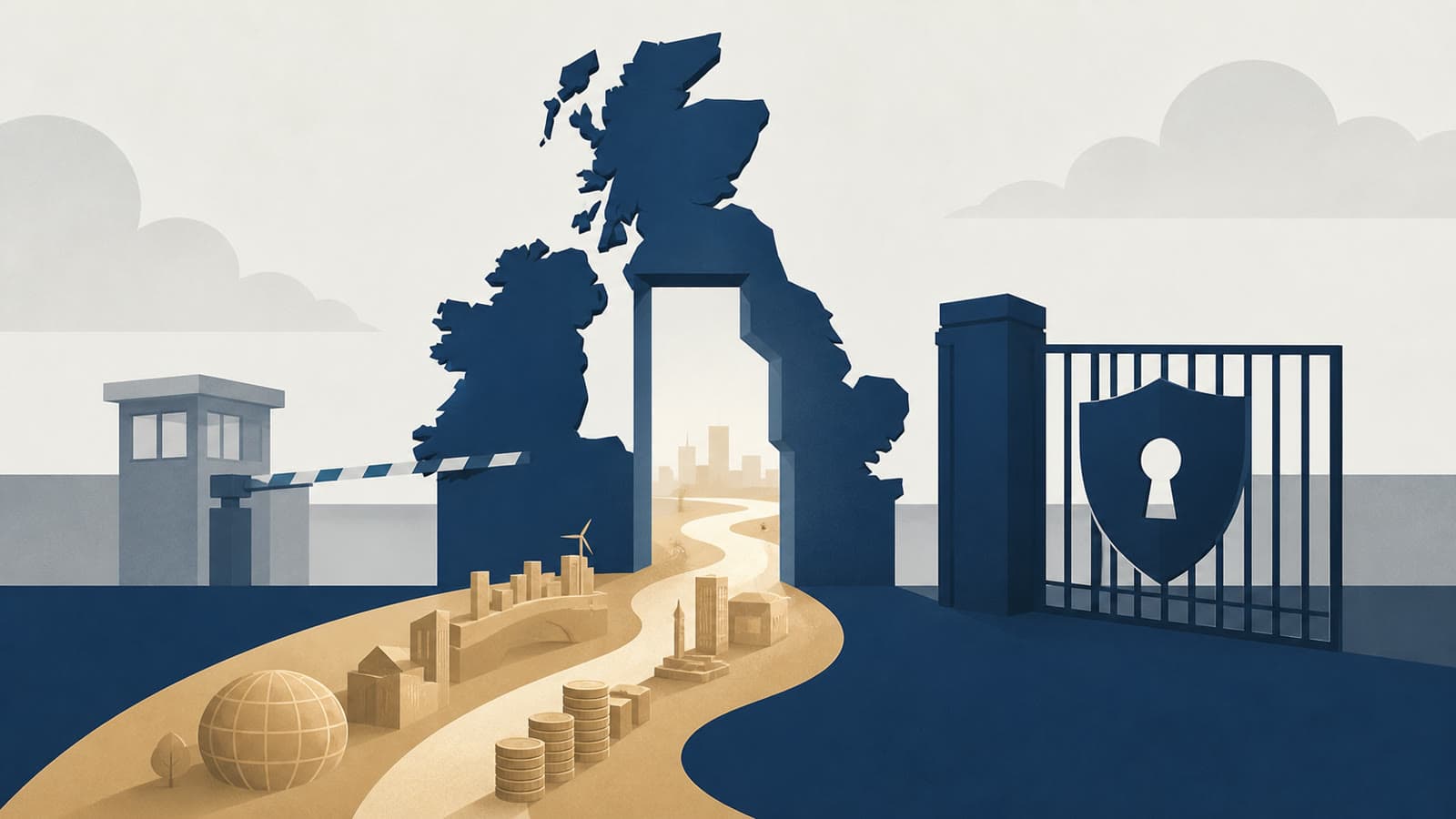 Editorial illustration for: UK investor-visa debate tests growth policy against security concerns