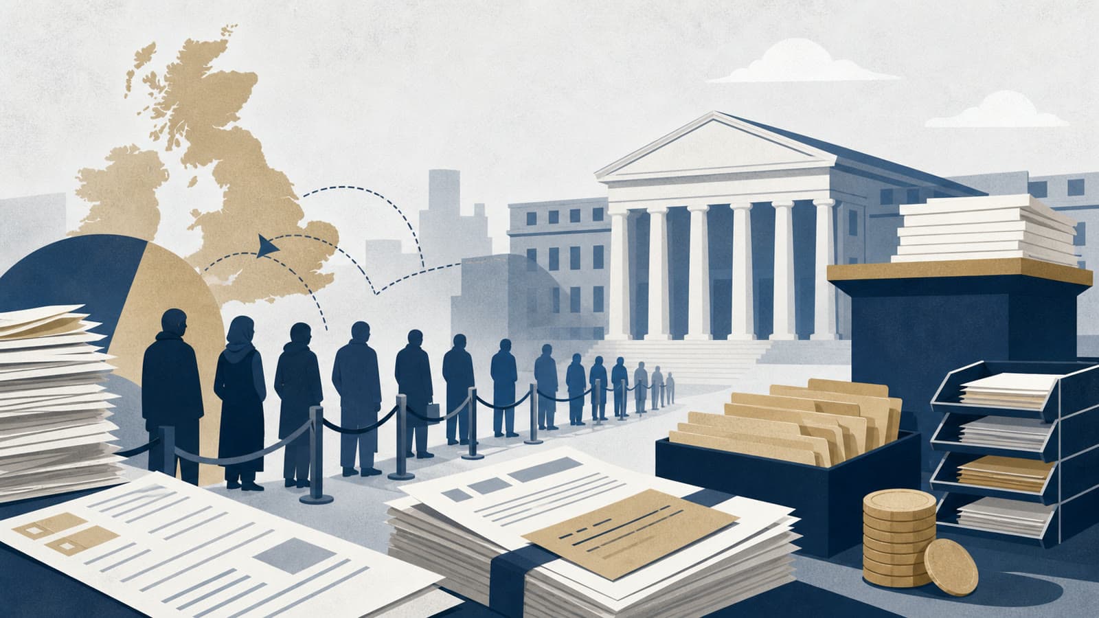 Editorial illustration for: Asylum repayment plan tests UK's administrative capacity