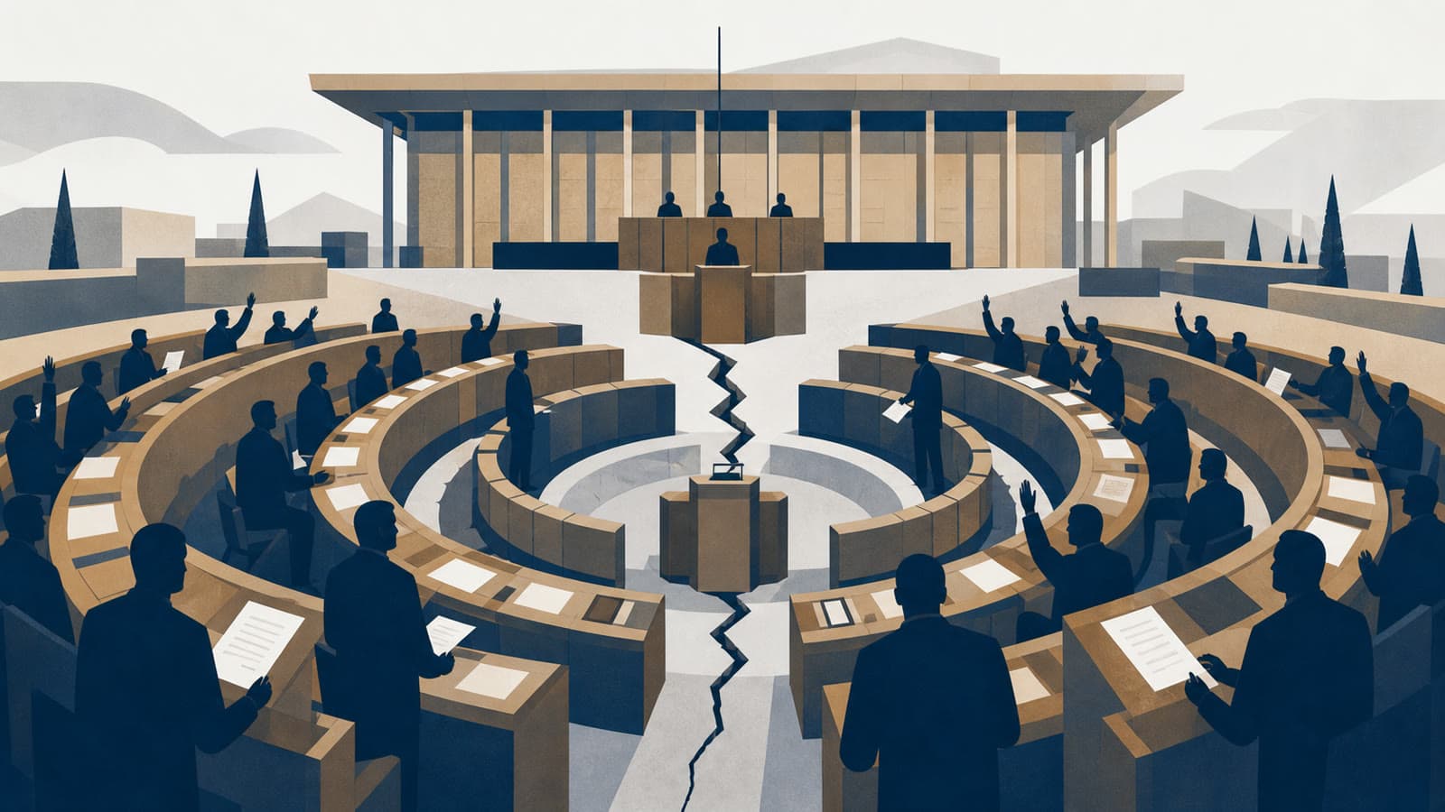 Editorial illustration for: Israeli lawmakers advance Knesset dissolution bill in first reading