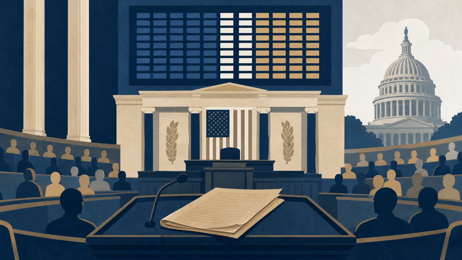 Editorial illustration for: House passes Iran War Powers resolution by 215-208 vote