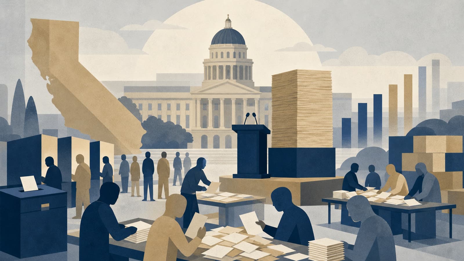 Editorial illustration for: Hilton leads California governor primary as vote count continues