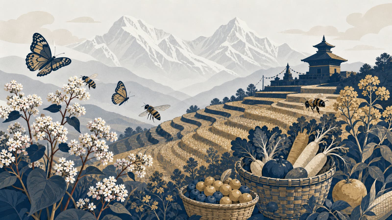 Editorial illustration for: Nepal pollinator study links insects to farming income and vitamin intake