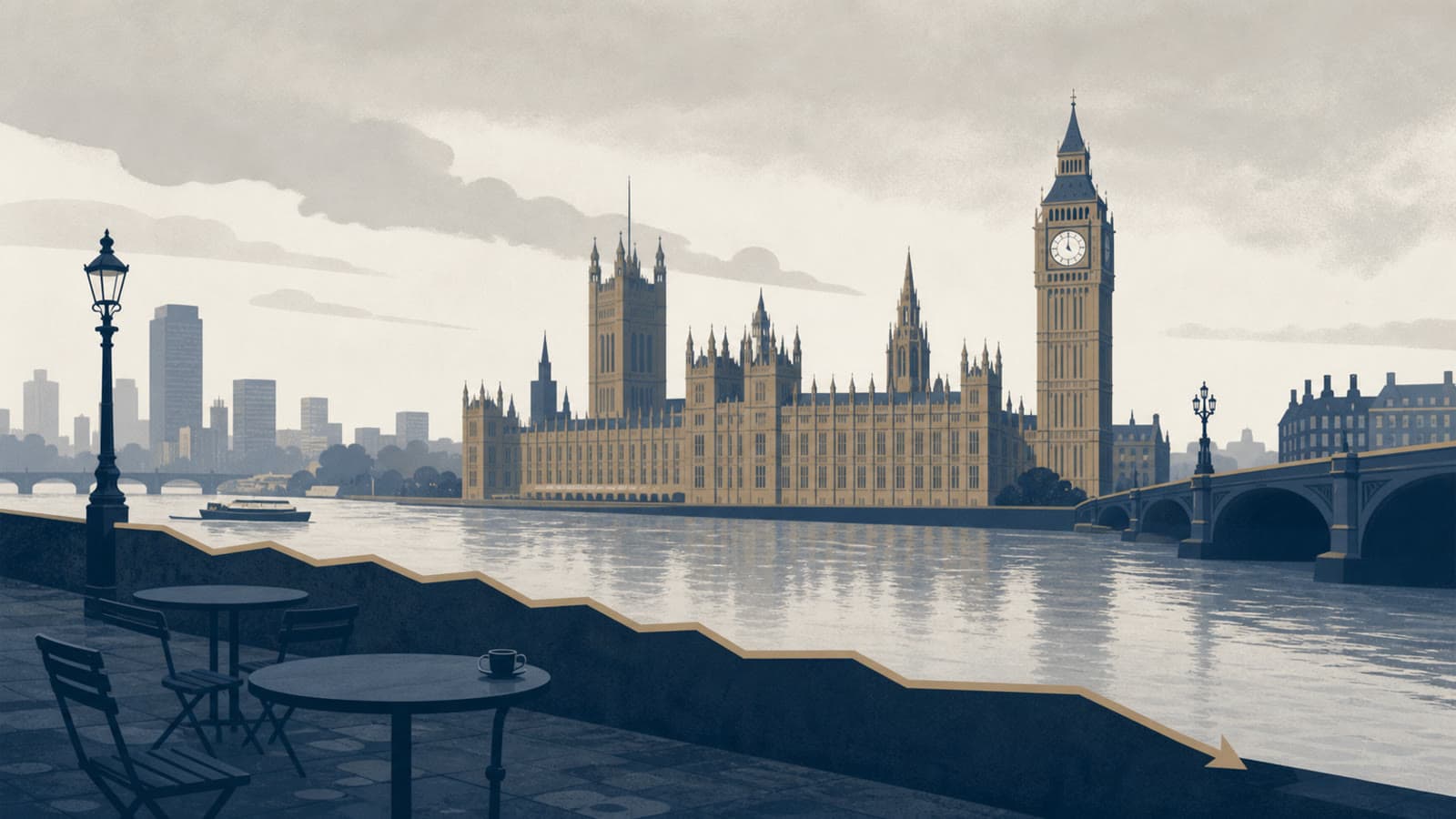 Editorial illustration for: UK GDP fell 0.1% in April after services output declined