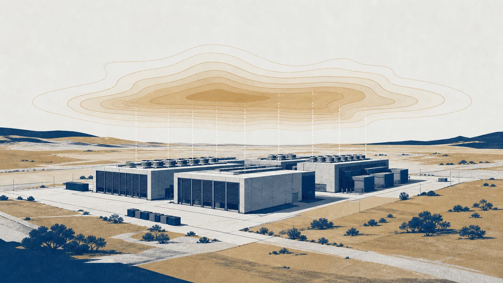 Editorial illustration for: Data-centre heat study reports 2C land-surface rise but leaves causation unresolved