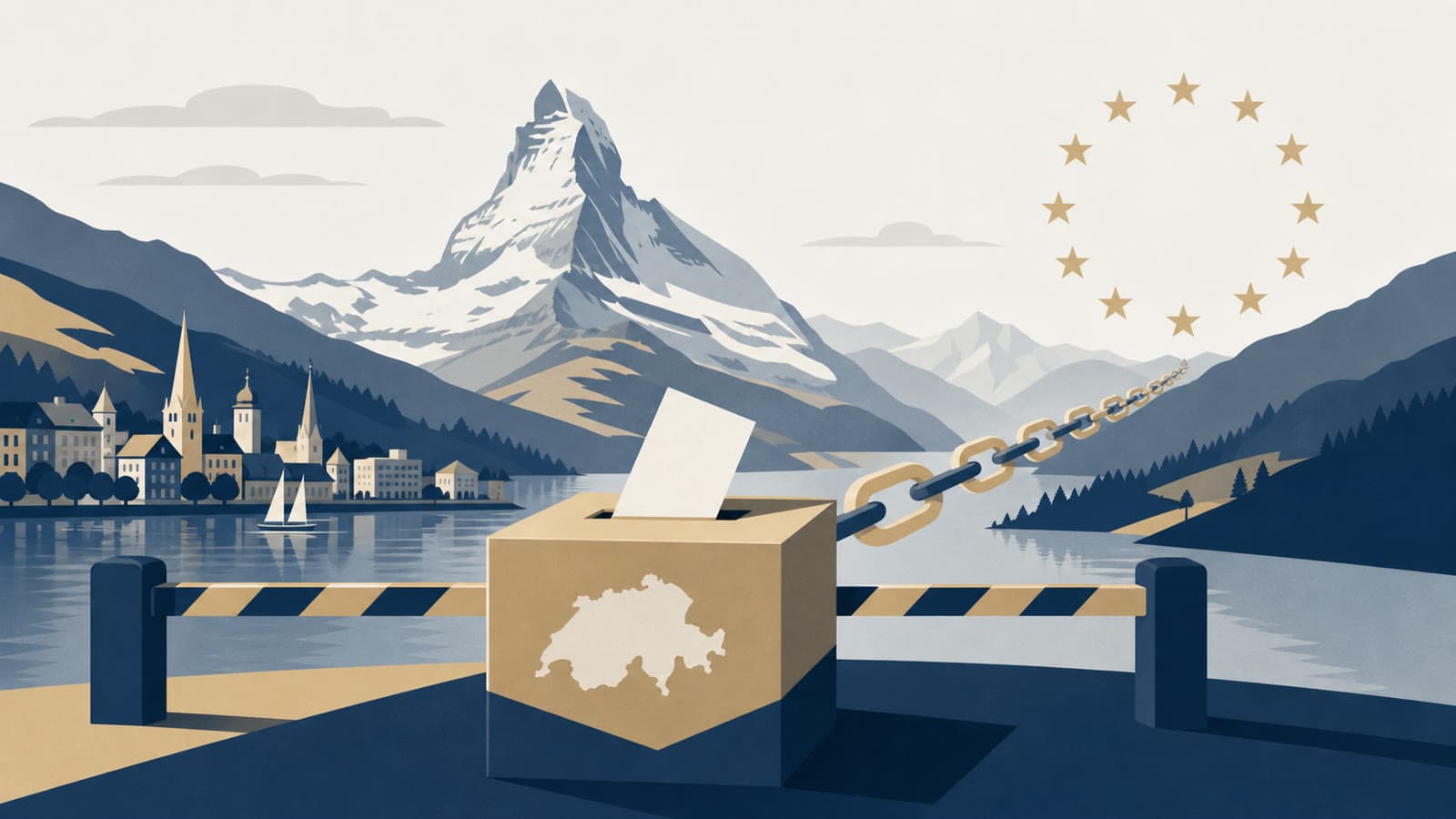 Editorial illustration for: Swiss voters face population-cap referendum with EU ties at stake
