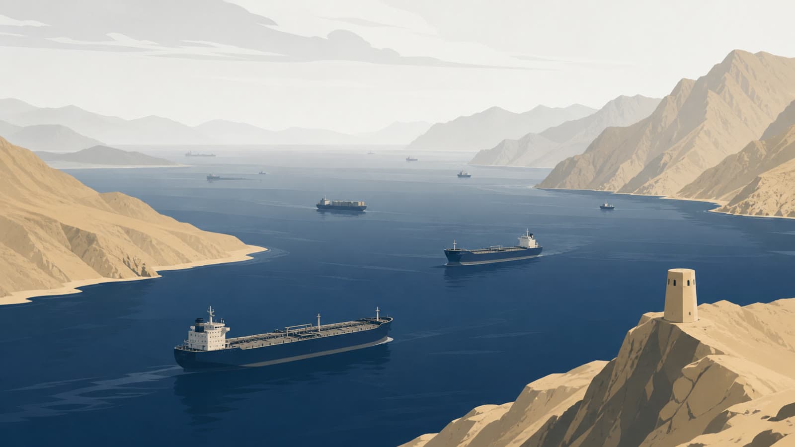 Editorial illustration for: US-Iran deal claims leave Hormuz shipping status unresolved