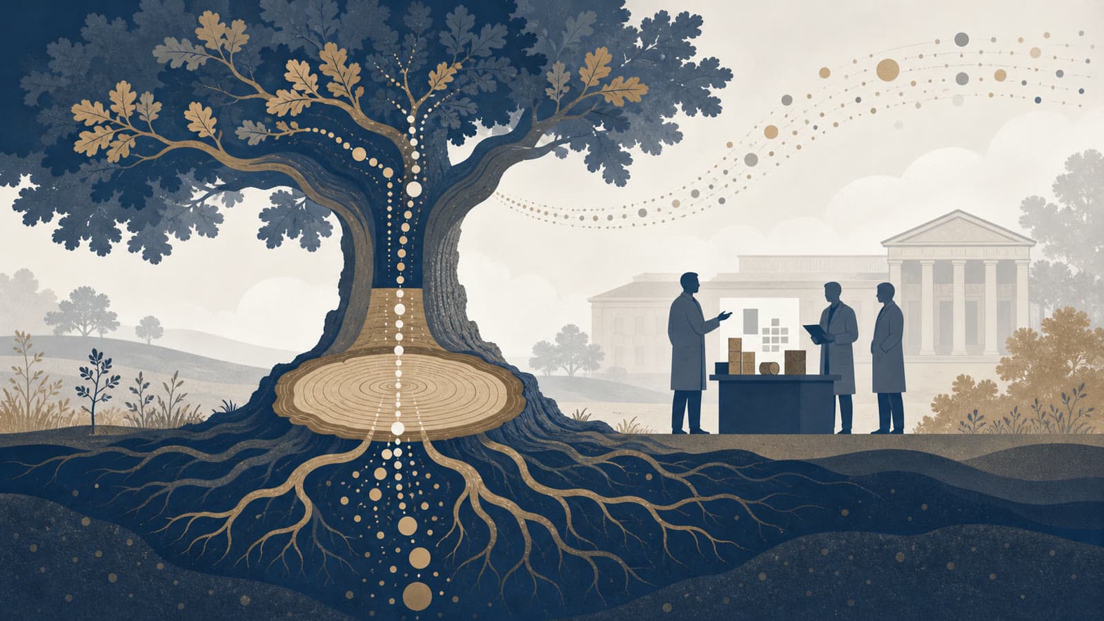 Editorial illustration for: Oak study finds carbon uptake can outlast wood growth
