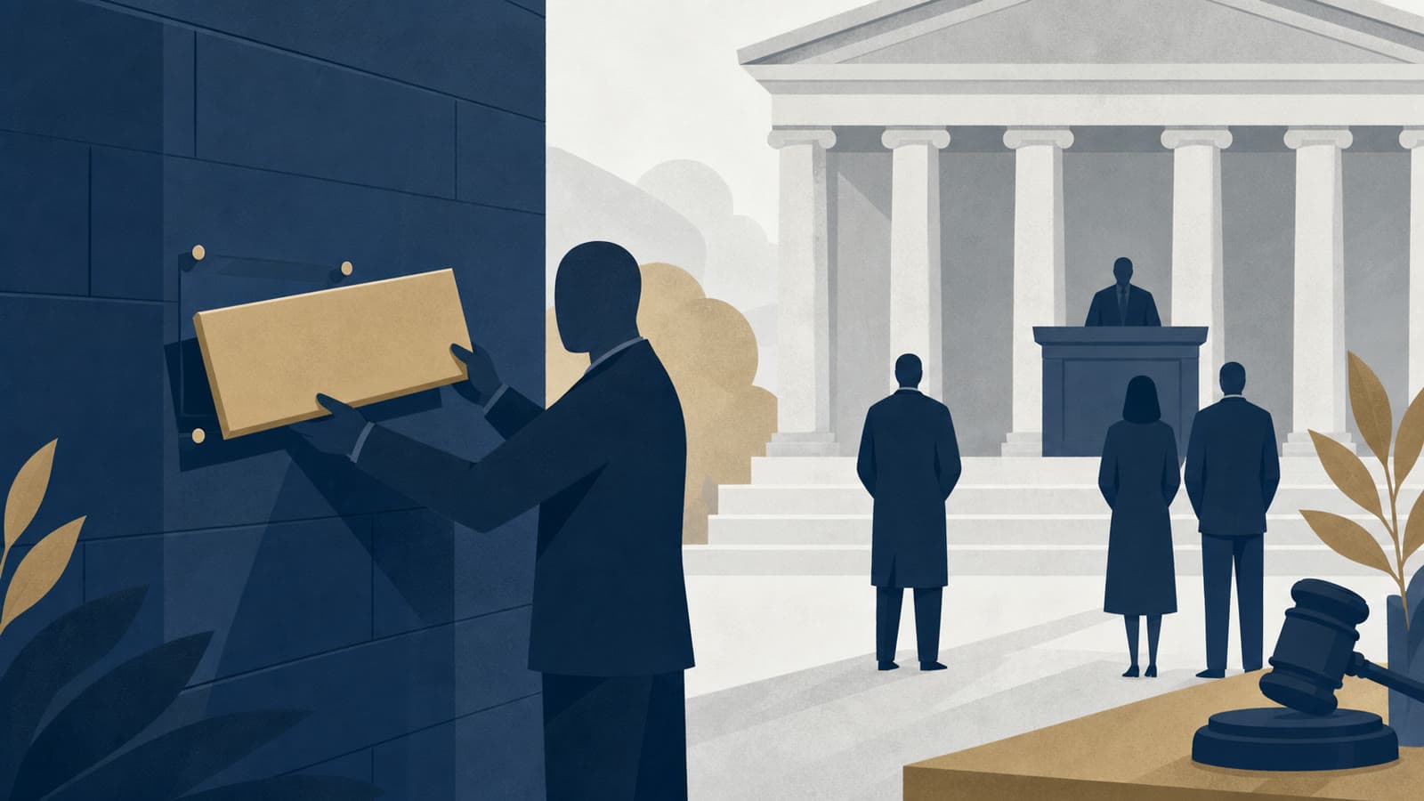 Editorial illustration for: Kennedy Center removes Trump name after courts decline stay