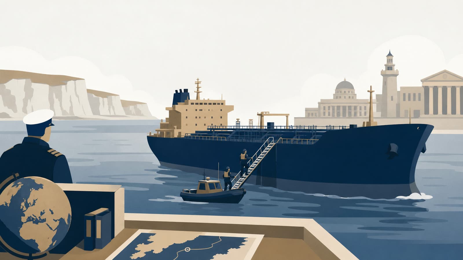Editorial illustration for: UK forces board Russian-linked tanker in Channel sanctions operation