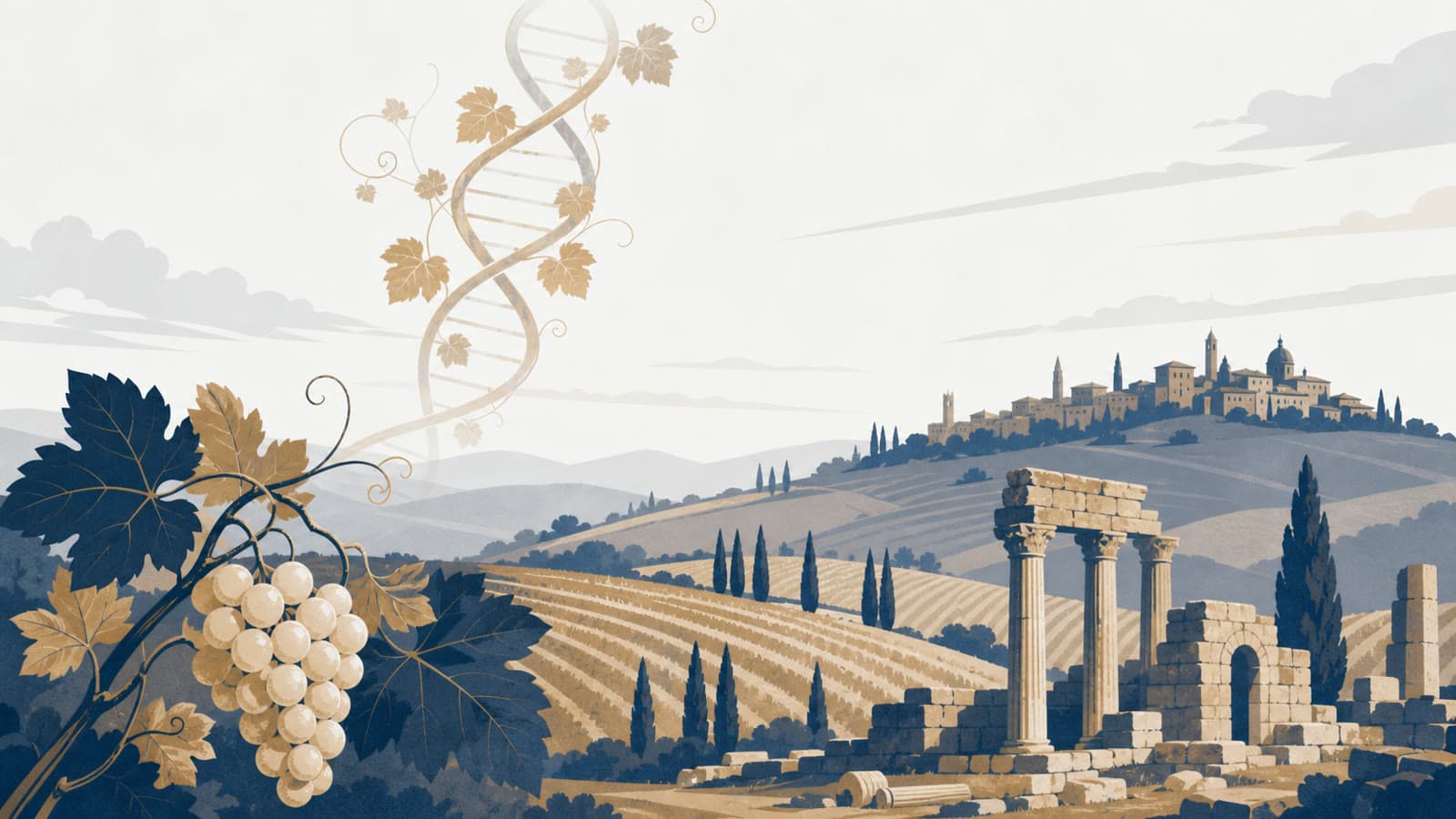 Editorial illustration for: Ancient grape DNA traces long-lived white variety at Tuscan site