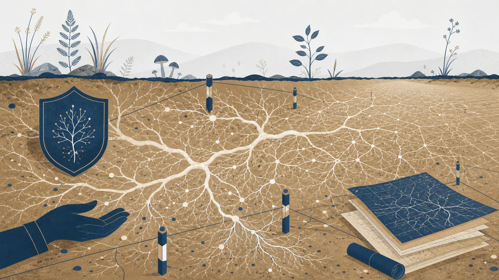 Editorial illustration for: Science study maps 110 quadrillion kilometres of fungal networks