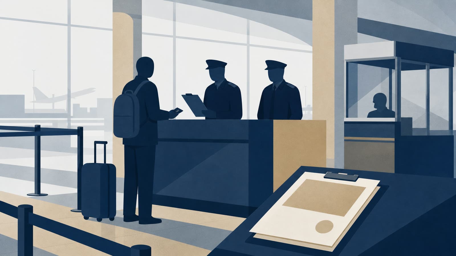 Editorial illustration for: UK police stop Tommy Robinson at Heathrow under hostile-activity border powers