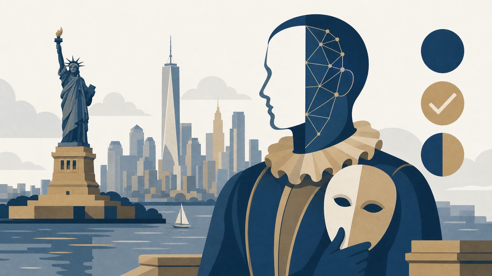 Editorial illustration for: New York AI synthetic-performer ad disclosure law takes effect