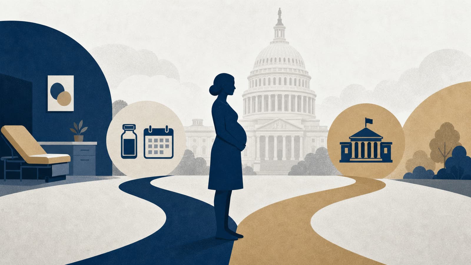 Editorial illustration for: ACOG issues maternal vaccine schedule that diverges from CDC on COVID-19
