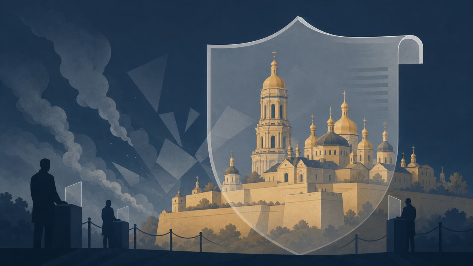 Editorial illustration for: Russian barrage turns Kyiv's monastery fire into a test of war protections
