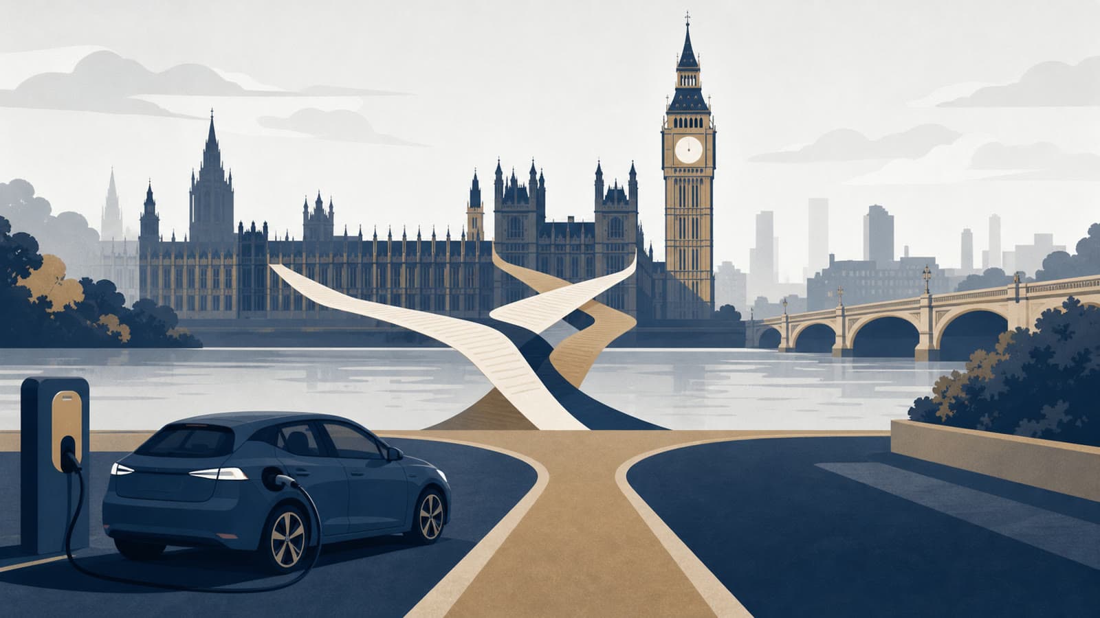 Editorial illustration for: UK electric-car target fight turns on policy certainty