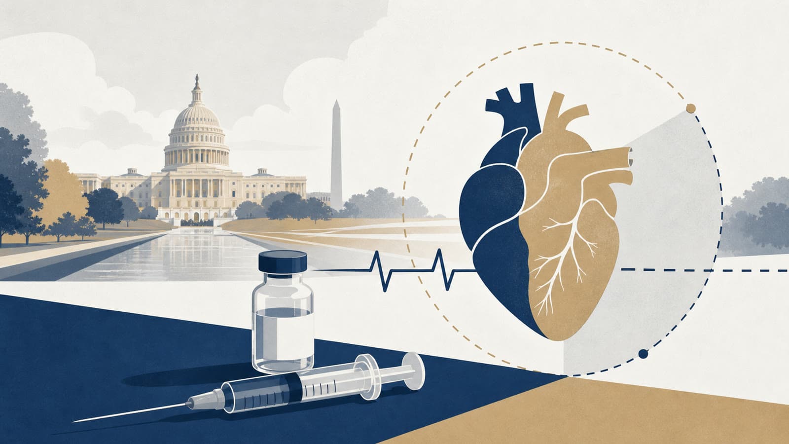 Editorial illustration for: Covid vaccine study points to cardiovascular benefit, with limits