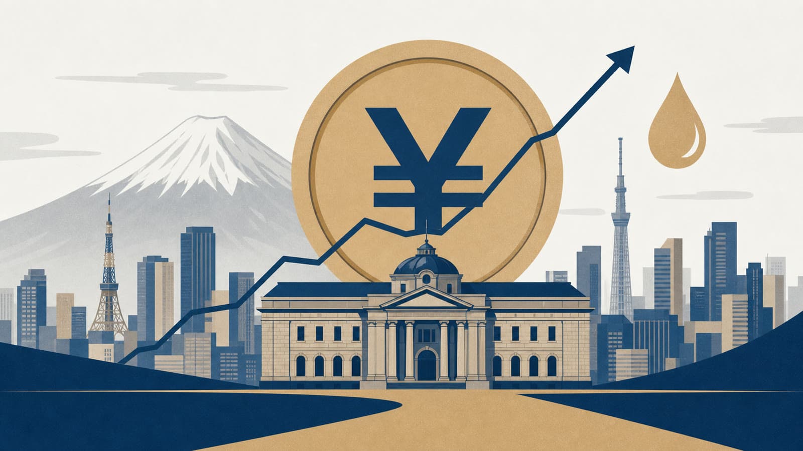 Editorial illustration for: Bank of Japan raises rates to 1% as oil and yen risks test its exit from easy money