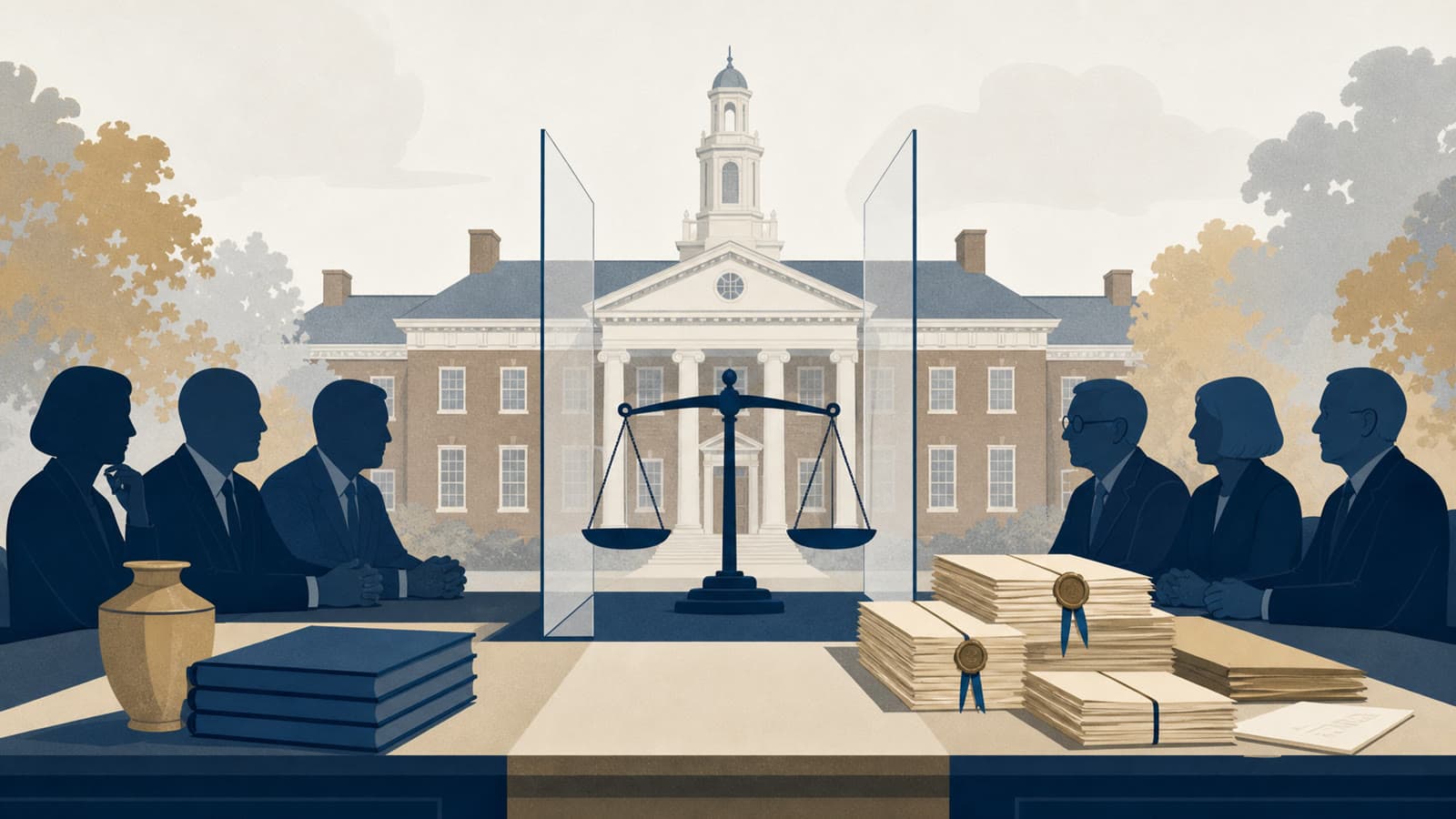 Editorial illustration for: Harvard and Bard face a donor-governance test over Epstein records