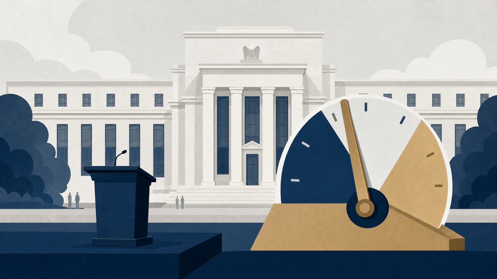 Editorial illustration for: Fed holds rates as Warsh starts with a leaner signal