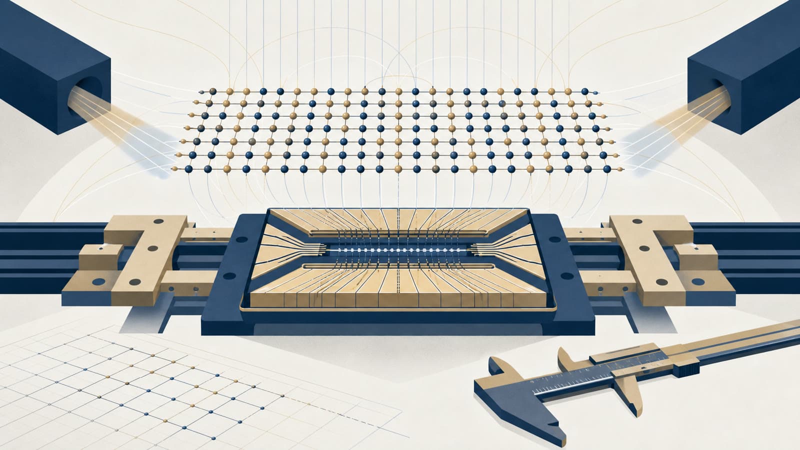 Editorial illustration for: Quantinuum's 98-qubit Helios tests whether trapped ions can scale cleanly