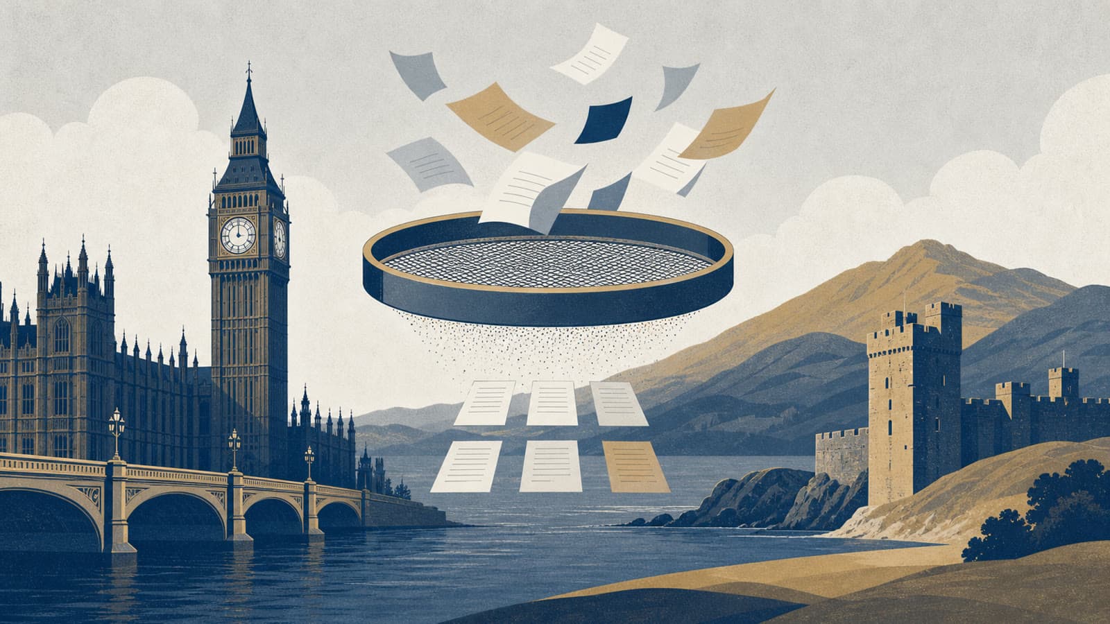Editorial illustration for: Anti-SLAPP bills put Britain's libel filter back before Parliament