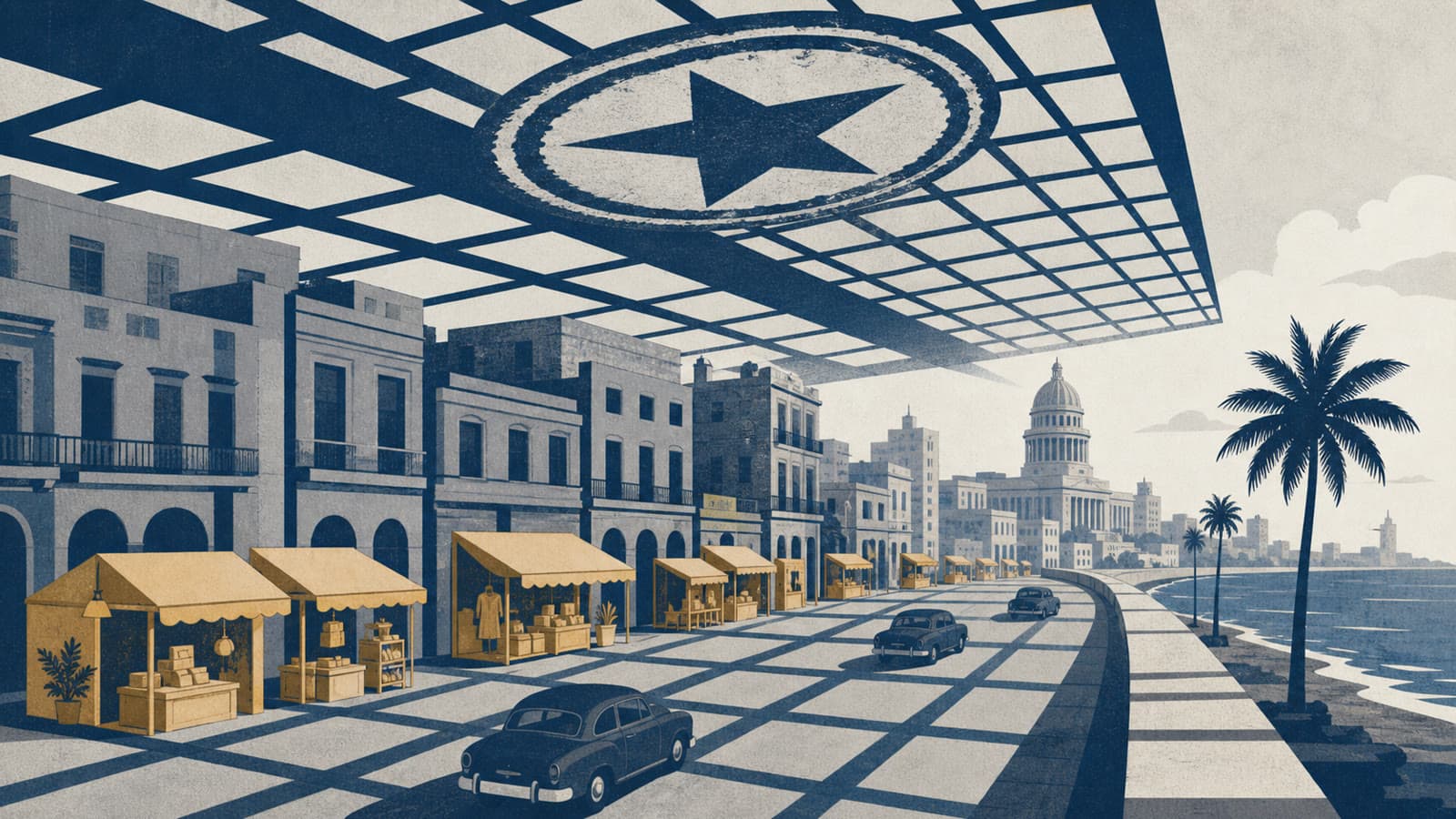 Editorial illustration for: Cuba's reform package widens private activity while keeping the state in command