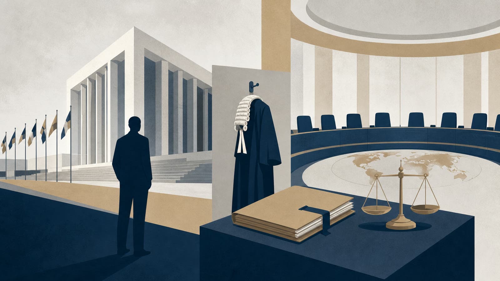 Editorial illustration for: Karim Khan's UK bar suspension adds a professional-discipline track to the ICC crisis