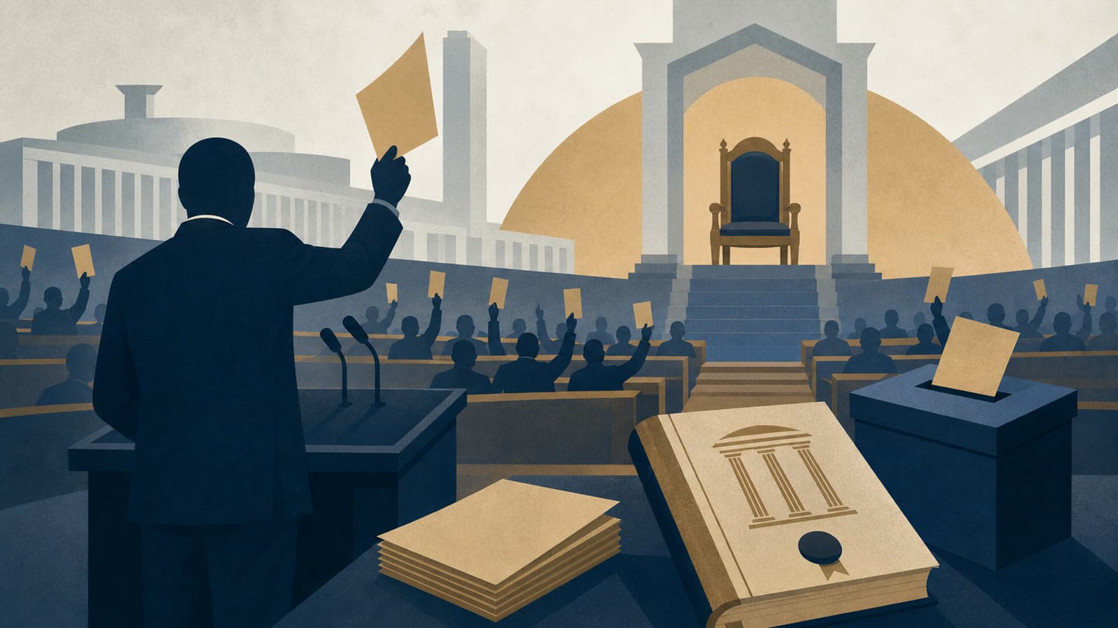 Editorial illustration for: Zimbabwe's term-extension bill clears lower house with presidency at stake