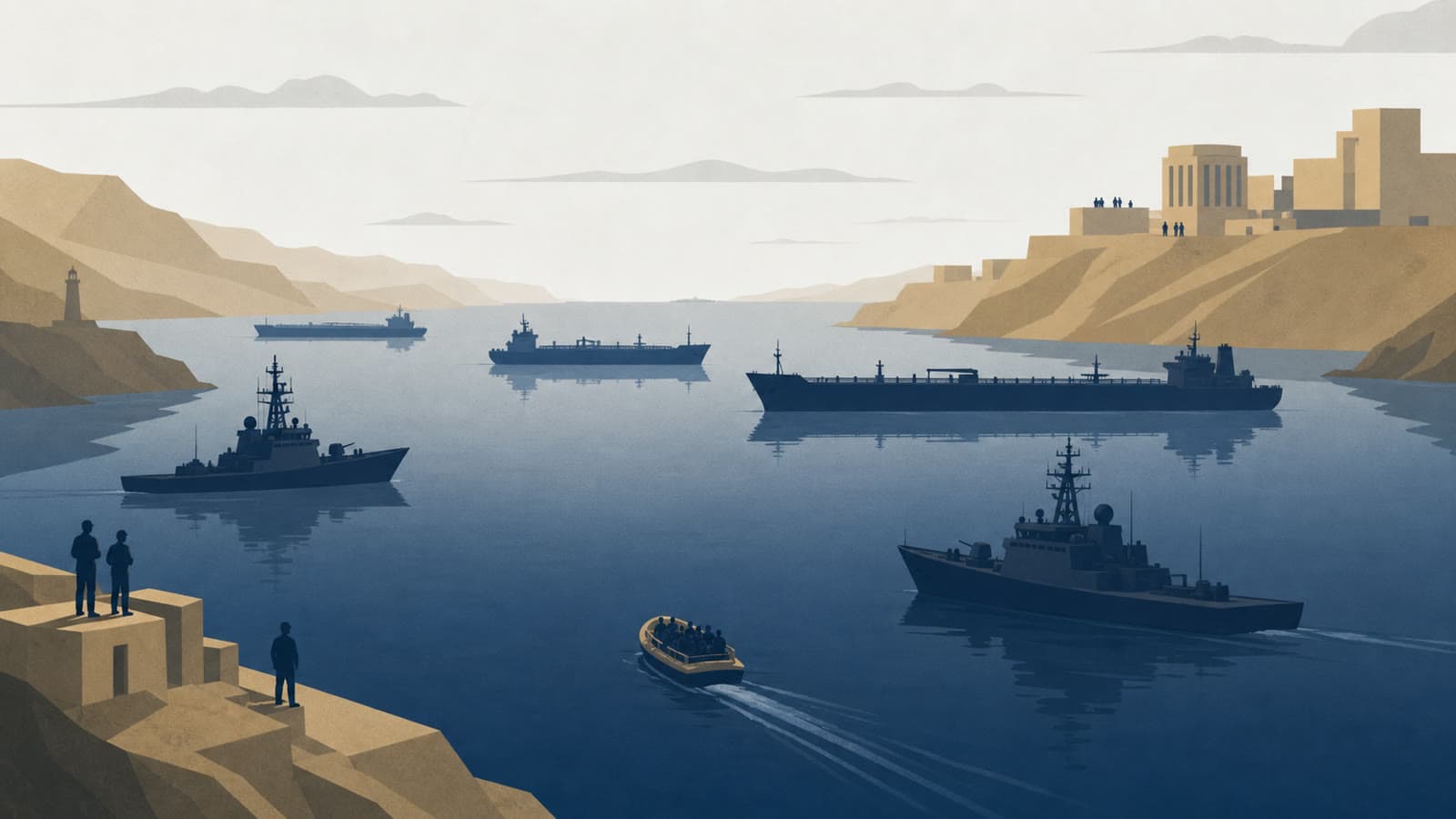 Editorial illustration for: Hormuz evacuation tests the US-Iran ceasefire at sea