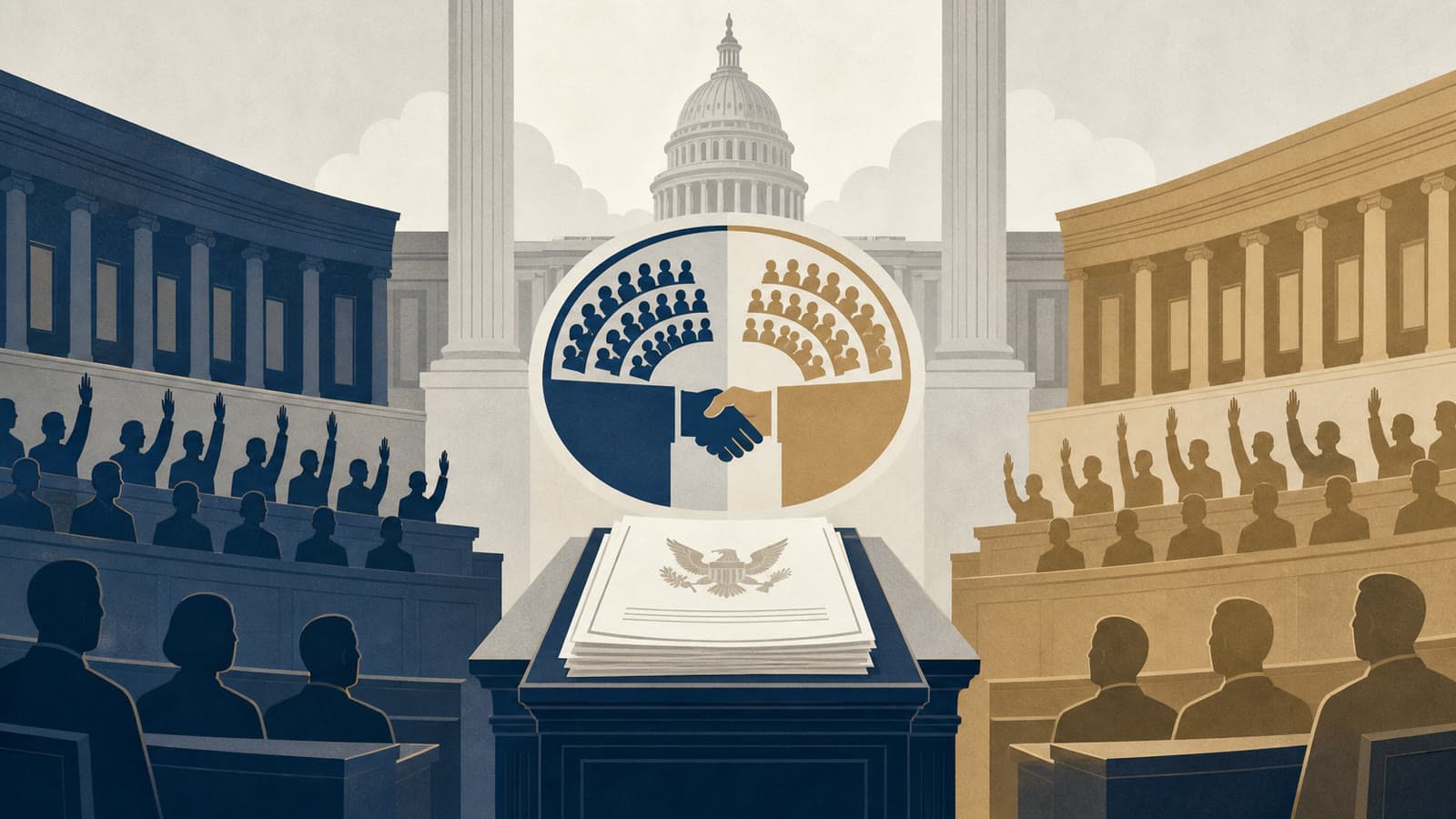 Editorial illustration for: Congress passes Iran war-powers resolution after Senate joins House vote